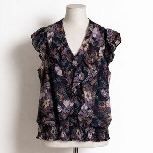 DMBM Top Sz M Multicolor Sheer Short Sleeve Button V Neck Ruffle Fairy